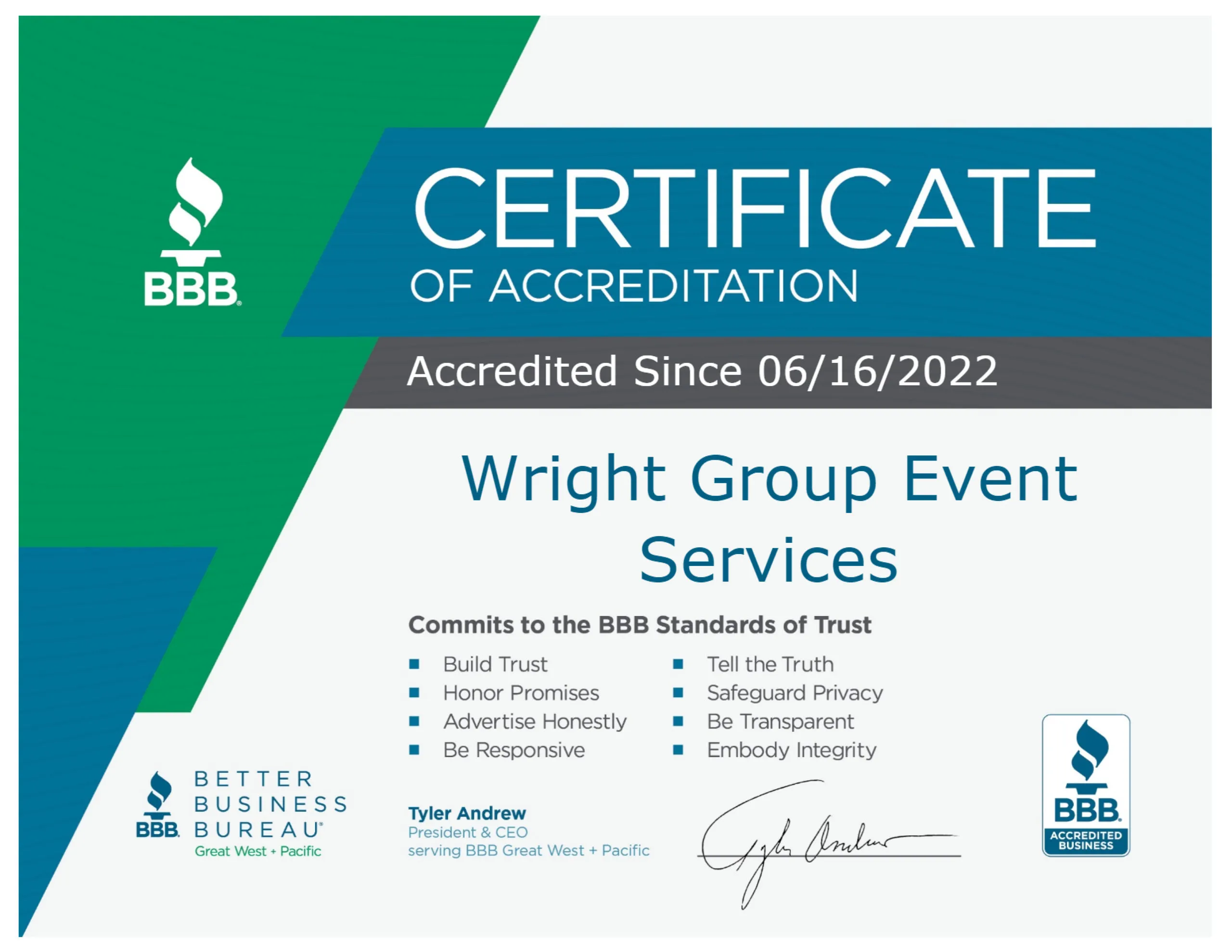 Better Business Bureau Certificate of Accreditation with the BBB Accredited Business seal and a list of its Standards of Trust