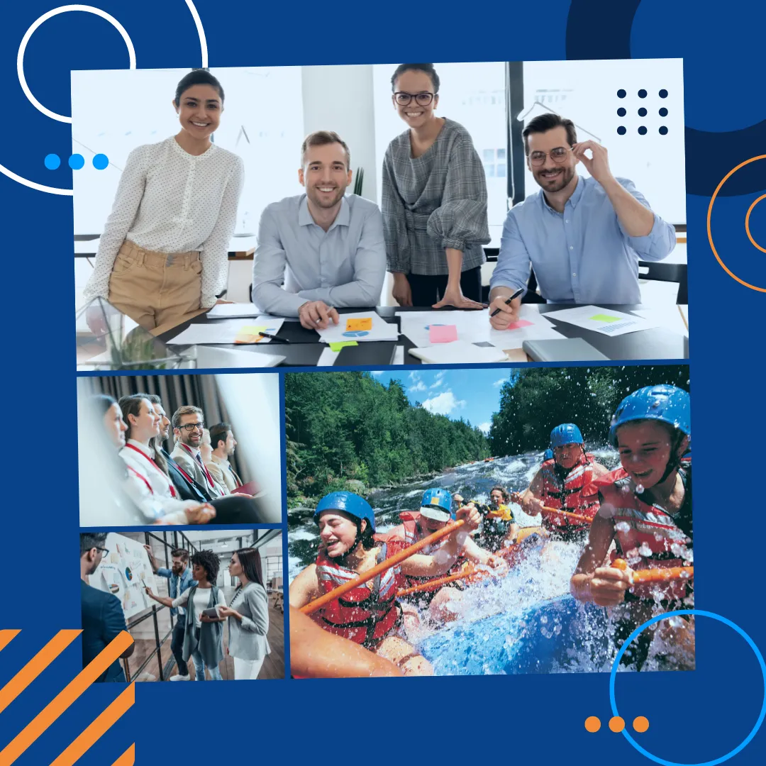 Collage of coworkers smiling at a table with sticky notes, a seated audience, a whiteboard meeting and a team whitewater rafting
