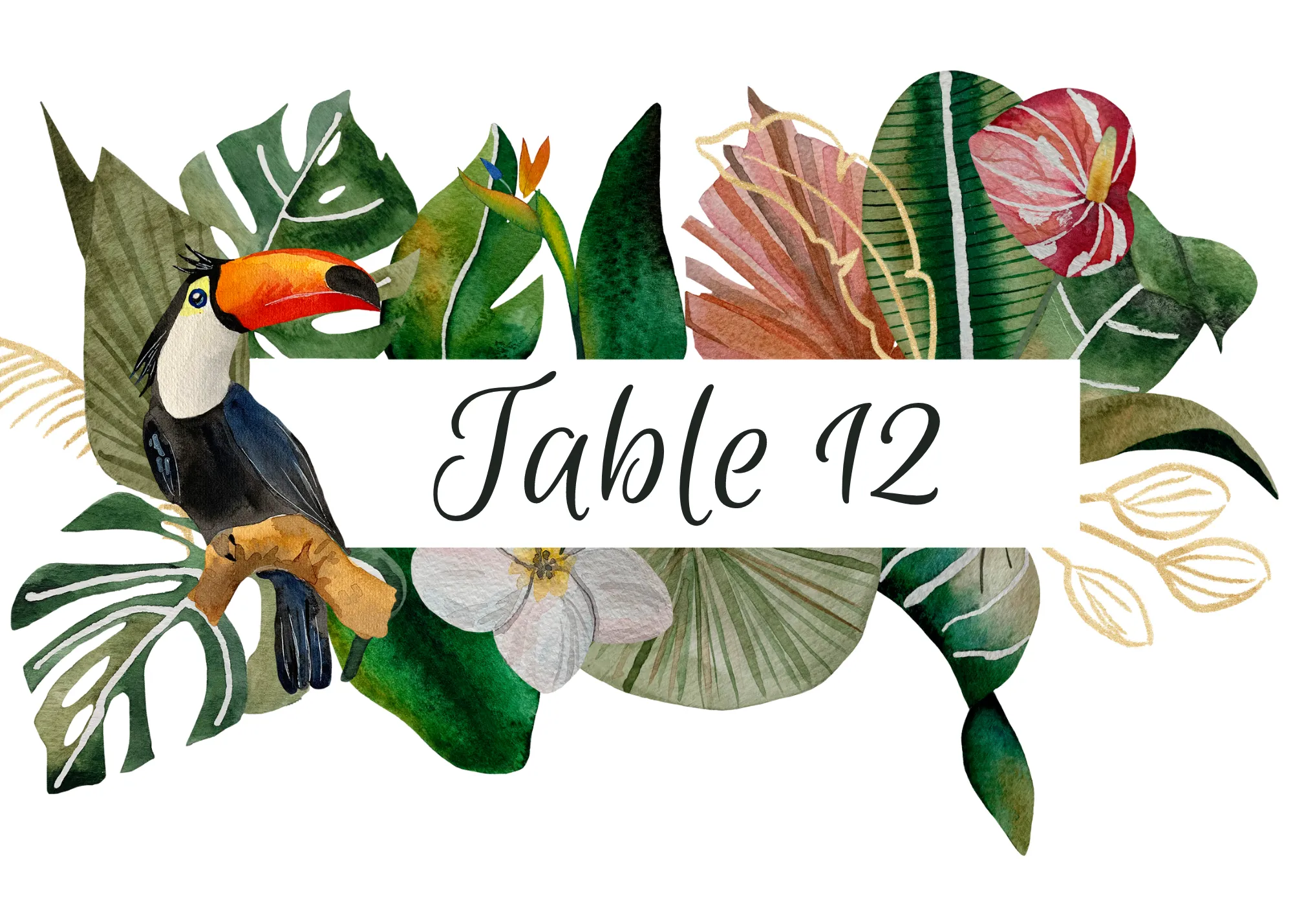 Green Pink Tropical Watercolor Wedding Seating Card