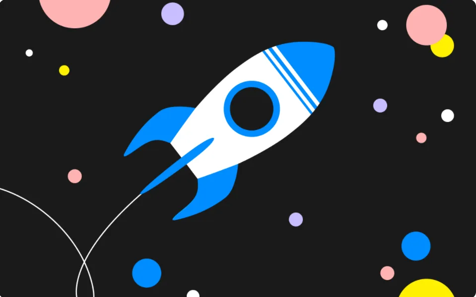 Blue and white rocket in a flat illustration, flying across a dark background dotted with colorful circles