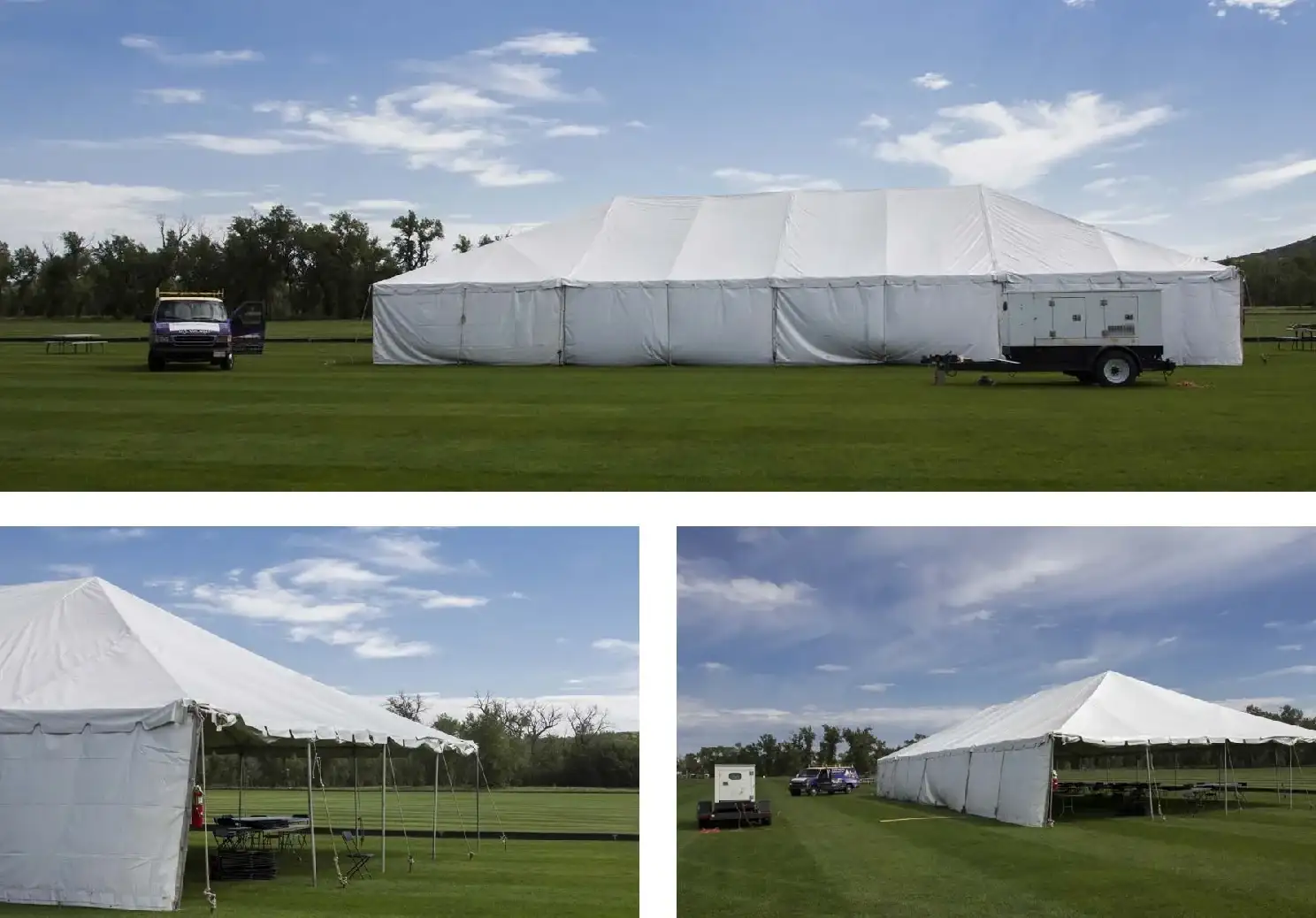 Collage of three white tents with solid sidewalls on a green field, with trailer-mounted generators parked nearby