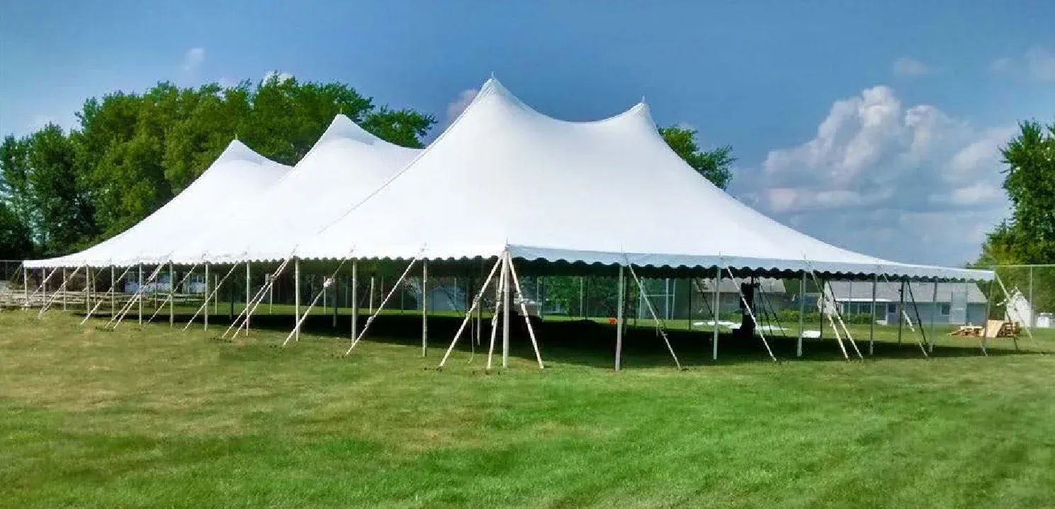 Long white high-peak tent with scalloped edge and angled support poles on a grass lawn, trees and blue sky behind