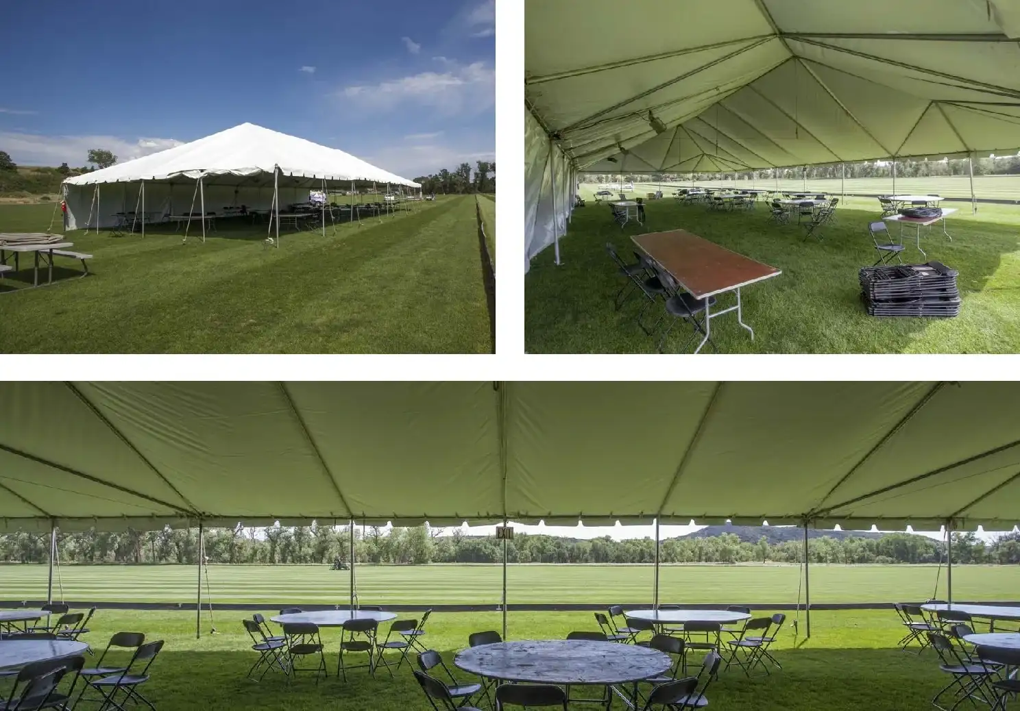 Collage of a white tent on a mowed grass field and its interior with round and rectangular tables and black folding chairs