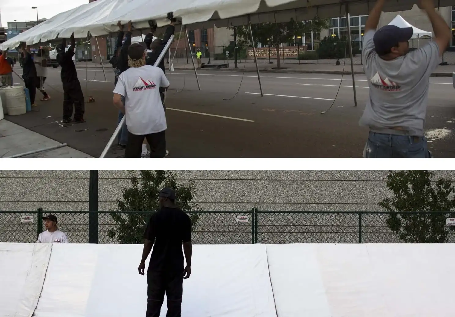 Collage of two photos: crew raising a white tent on a city street, and a worker standing on a white tent top by a chain-link fence