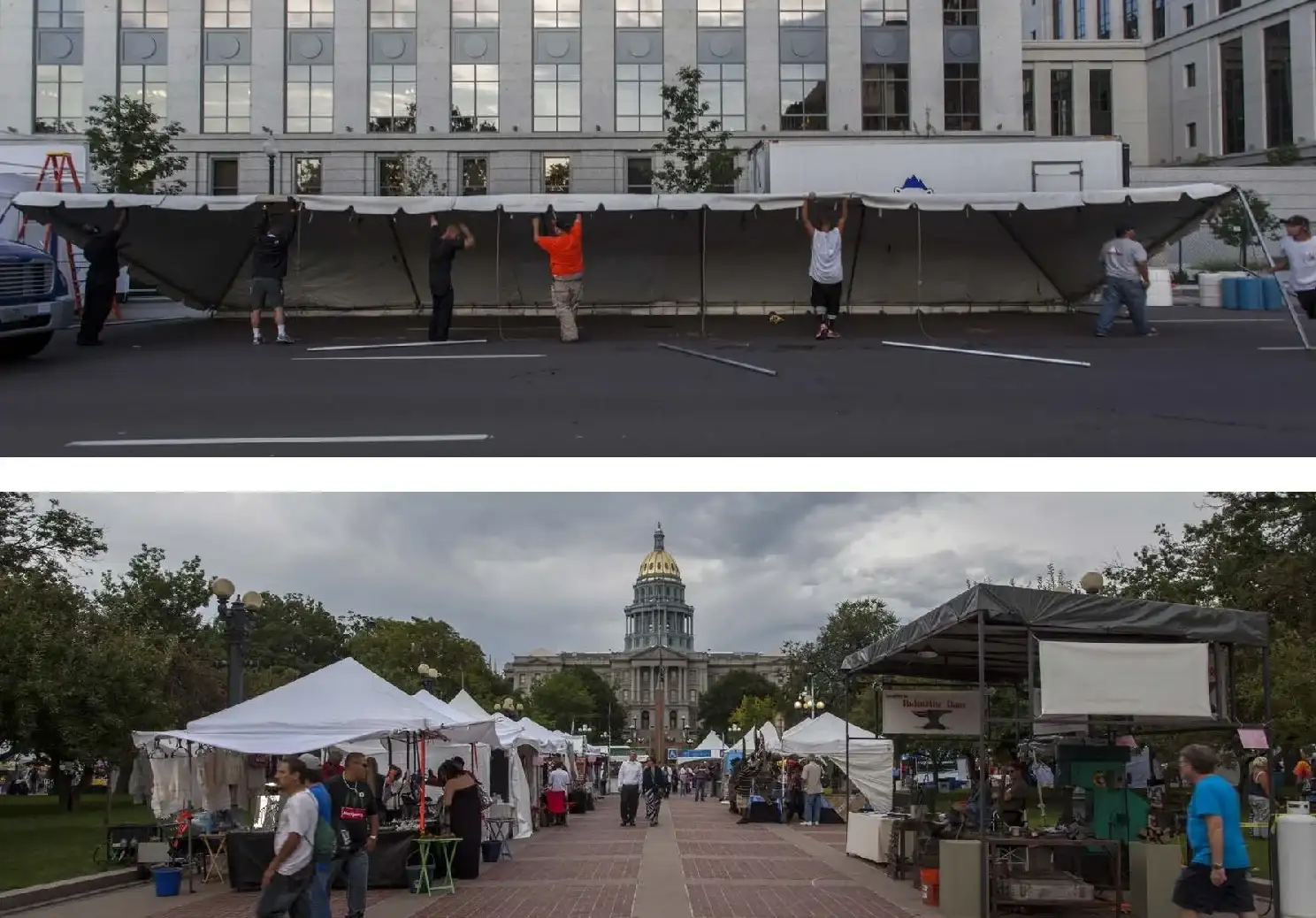 Collage of two photos: crew lifting a long white tent top on a street, and vendor tents along a brick path toward a gold-domed building