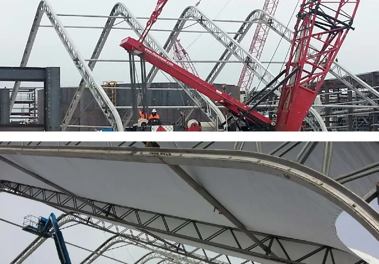 Collage of two photos: a red crane beside clearspan tent truss arches, and a white roof panel on the arches with a blue boom lift