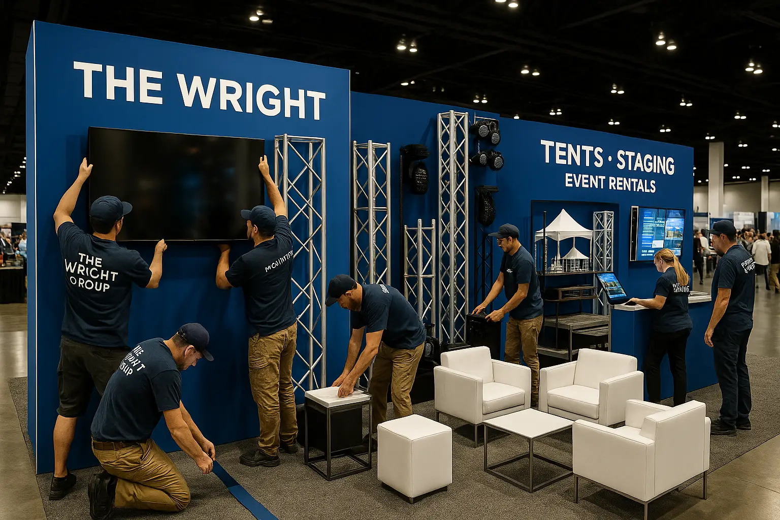 The Wright Group team expertly setting up trade show equipment rentals in Colorado.