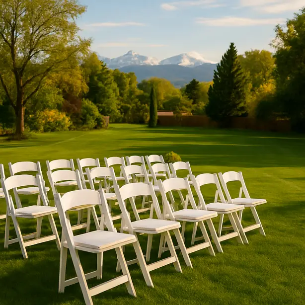 Comfortable white padded folding chair rentals for backyard weddings and family celebrations in Colorado.