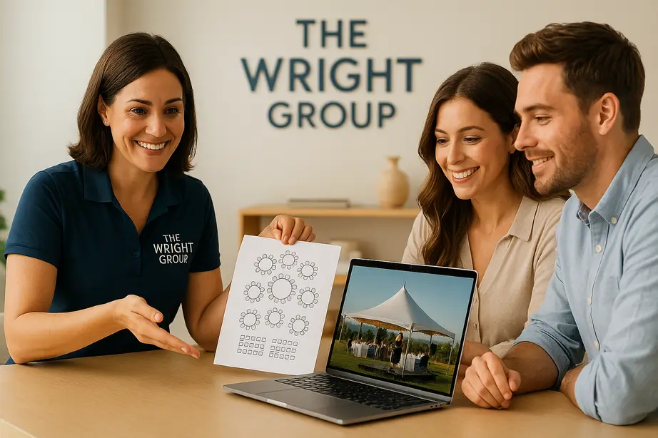 Planner reviews 3-D Denver wedding tent layout with couple, highlighting The Wright Group rental options and personalized design