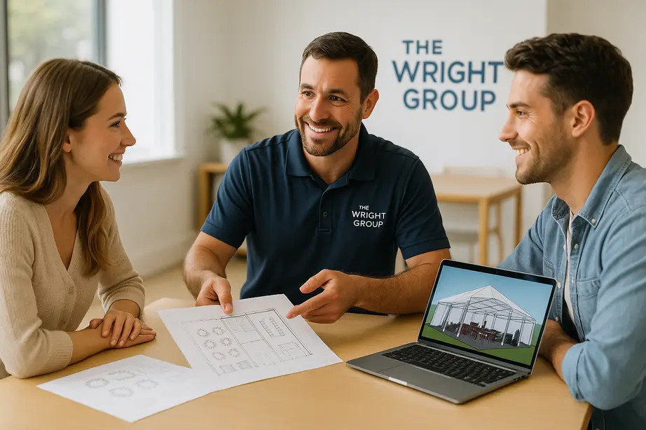 Planner reviews 3-D community event layout with clients, highlighting Colorado trade show rentals from The Wright Group.