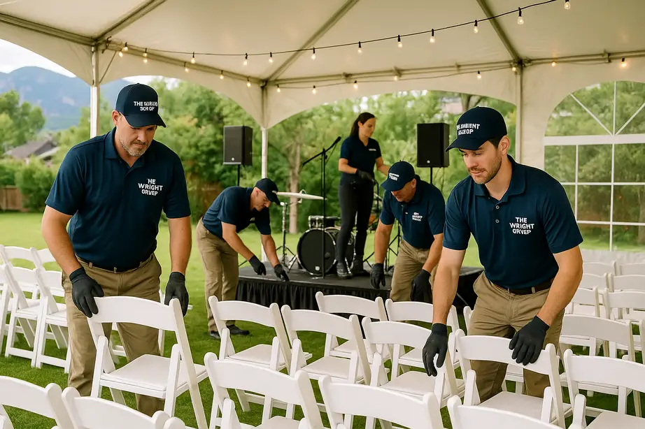 The Wright Group expert team setting up chairs and stage for a family celebration in Colorado.