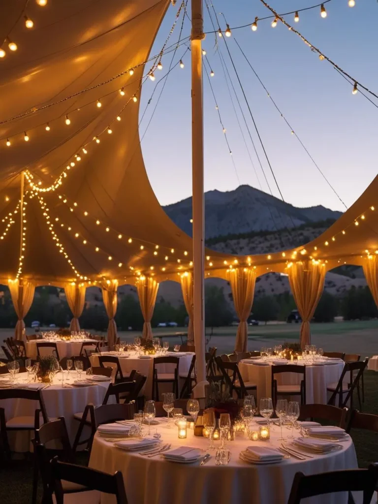 Warm golden-hour sailcloth tent at Denver corporate event, showcasing premier Denver corporate event rentals, Rocky Mountains backdrop