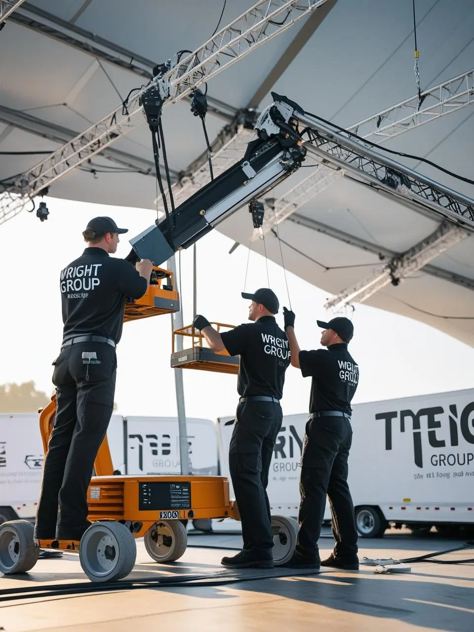 Wright Group crew installing truss lighting for Denver corporate conference, highlighting trusted Denver corporate event rentals