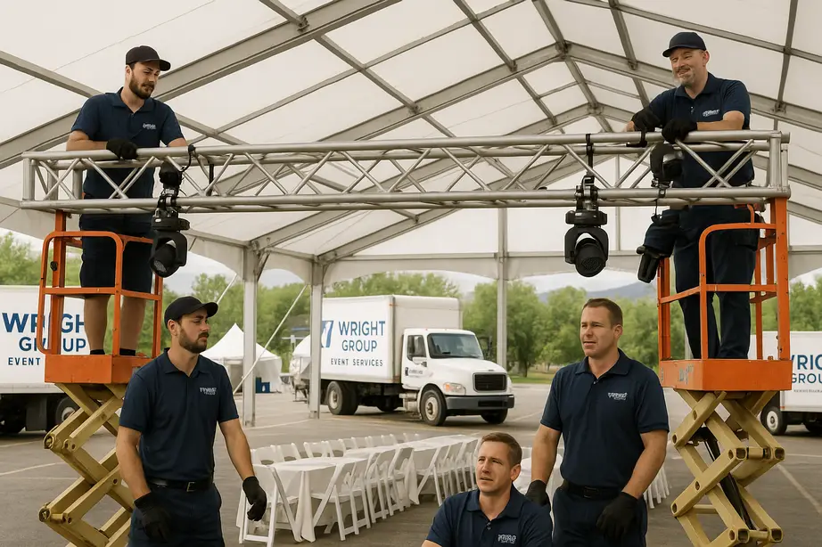 Wright Group crew installs truss lighting for Colorado trade show inside clearspan tent, demonstrating expert event setup.