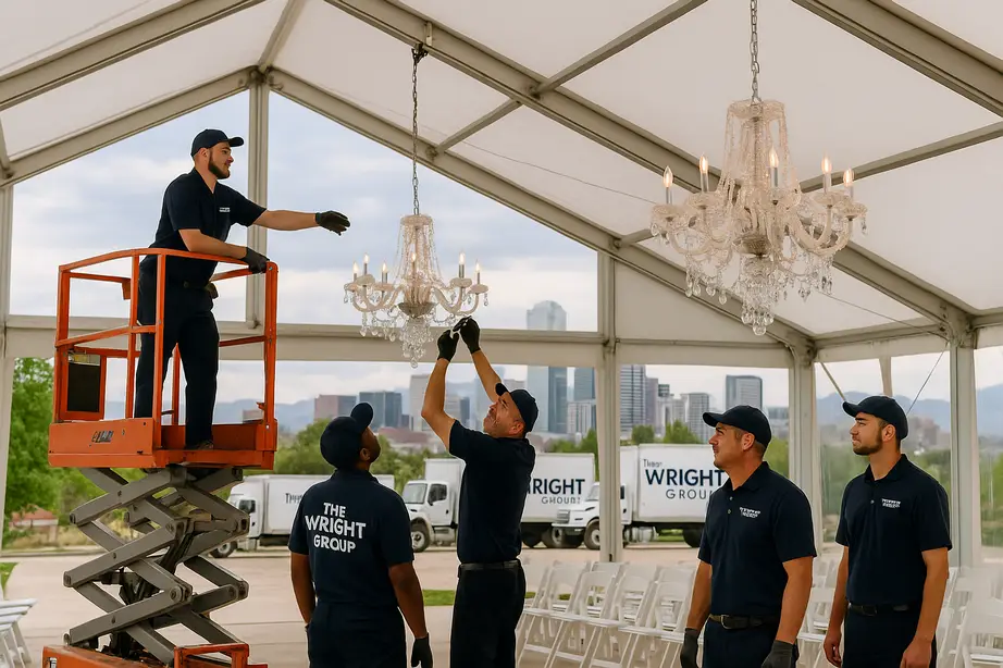 Wright Group crew rig crystal chandeliers for Denver wedding tent, illustrating expert setup for high-end celebrations.