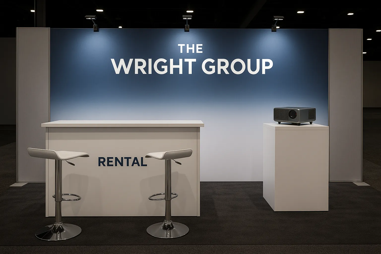 A complete trade show booth rental package in Colorado with furniture, staging, and lighting