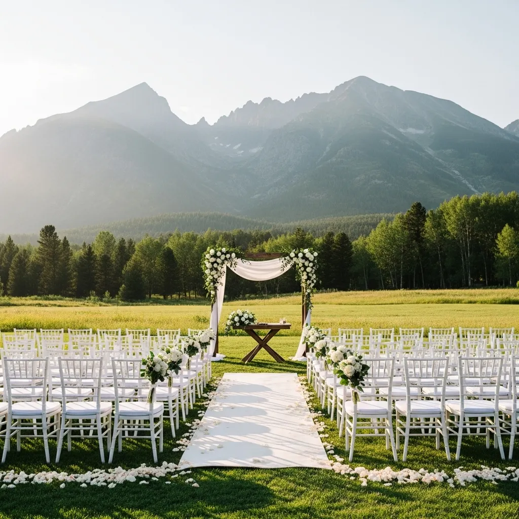 Elegant wedding ceremony chairs set up for an outdoor Colorado event by The Wright Group..912Z