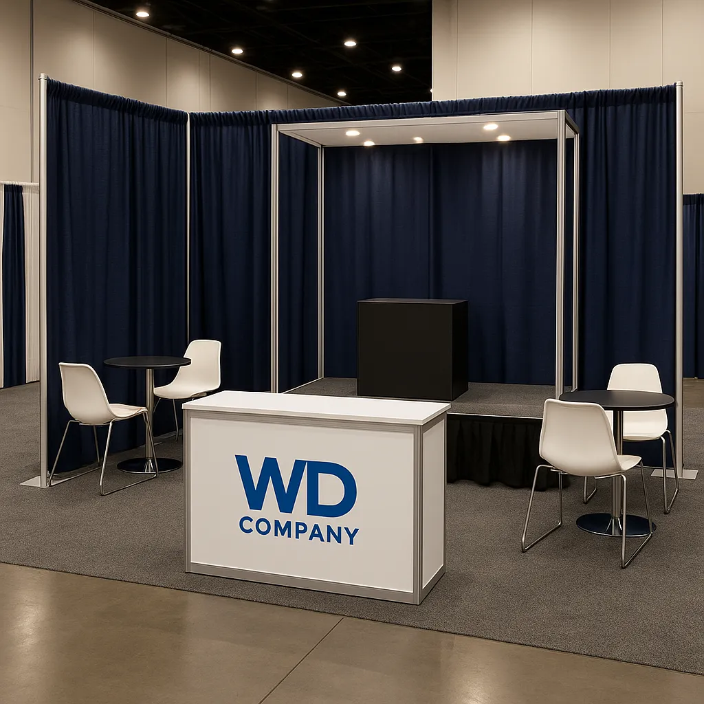 Professional trade show booth rental setup in Denver with pipe and drape and staging.