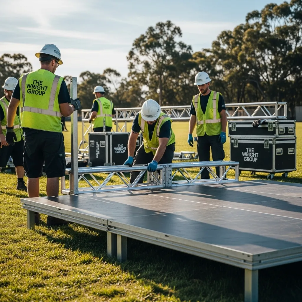 The Wright Group team expertly installing a modular stage rental in Denver