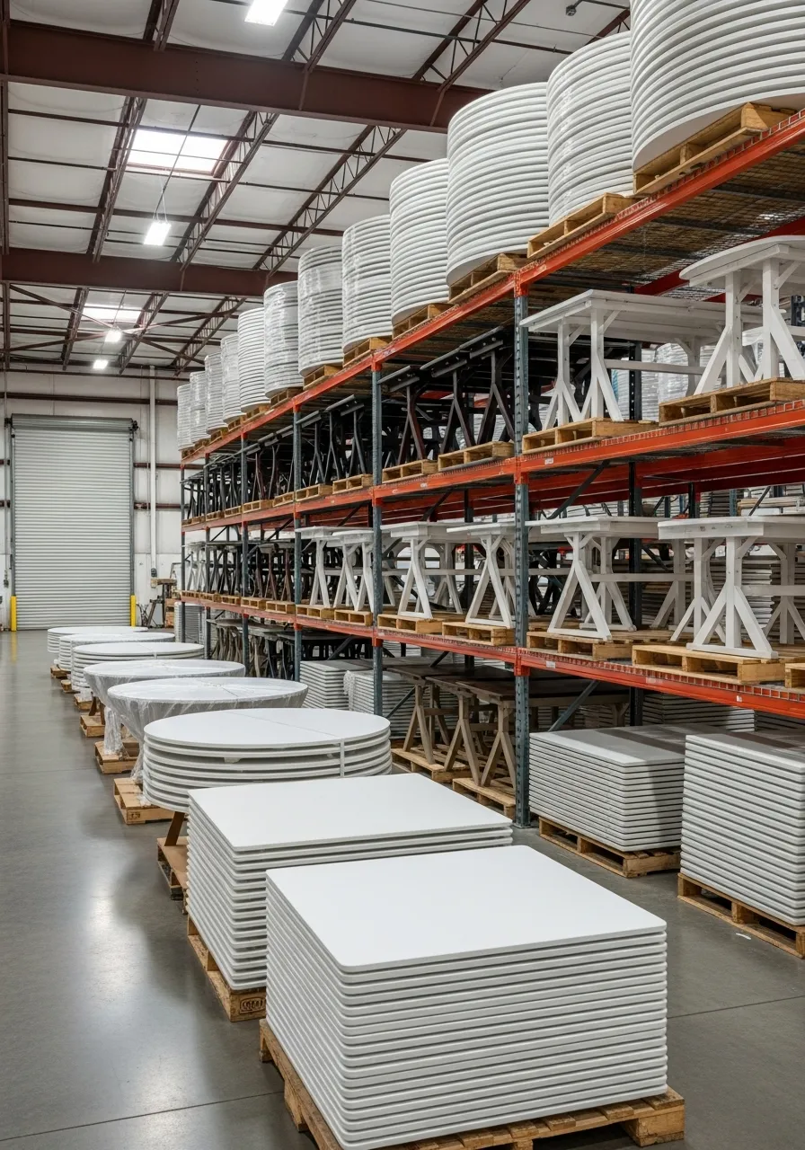 The Wright Group's warehouse with a large inventory of table rentals for fast Denver delivery.
